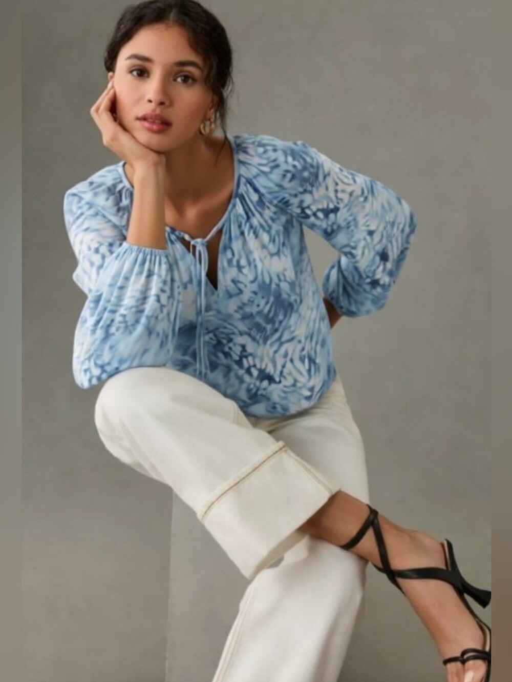 Jennifer Lopez Blue Water Color Print Peasant Blouse